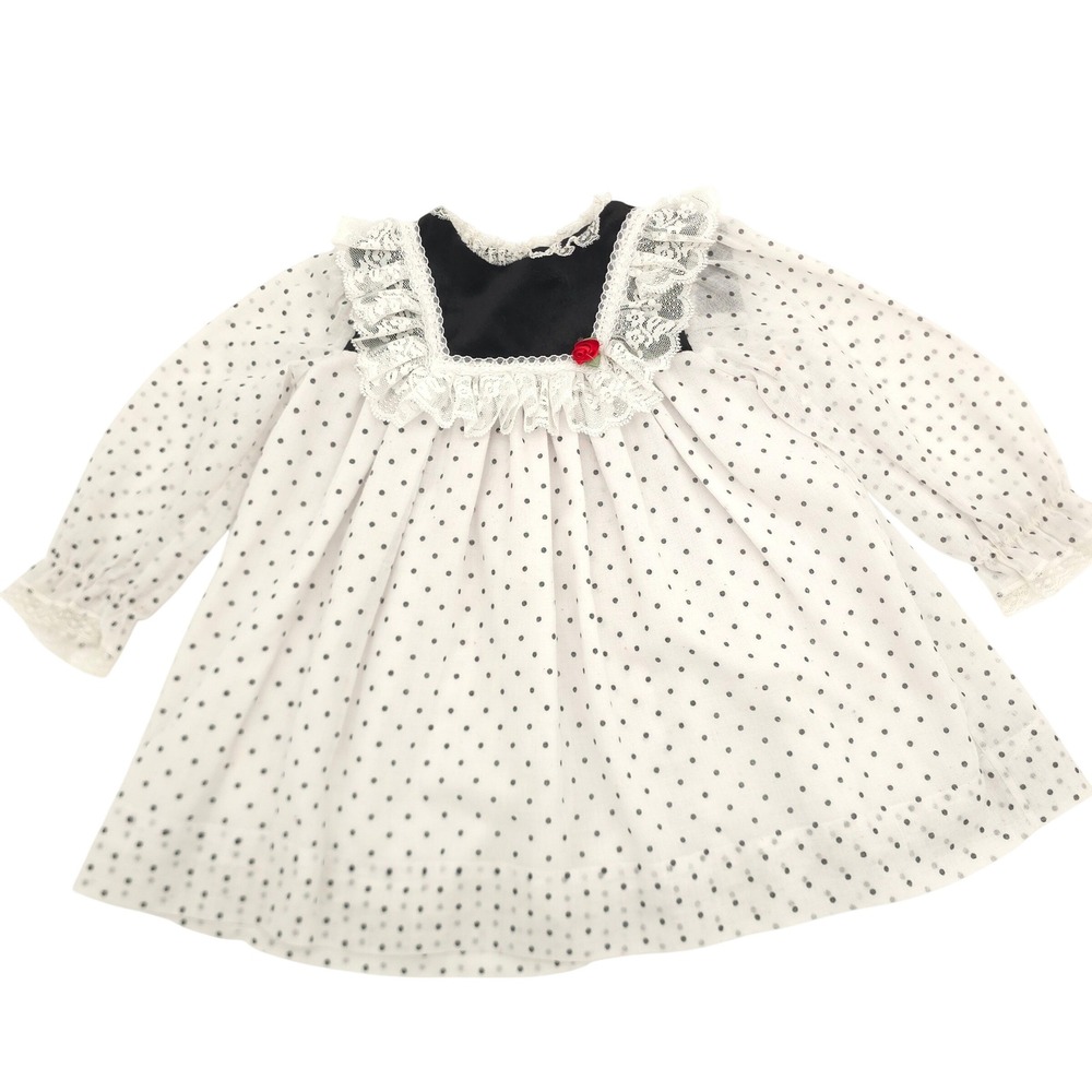 Vintage Bryan Girls Black White Polka Dot Dress Lace Ruffle Red Rose T3
